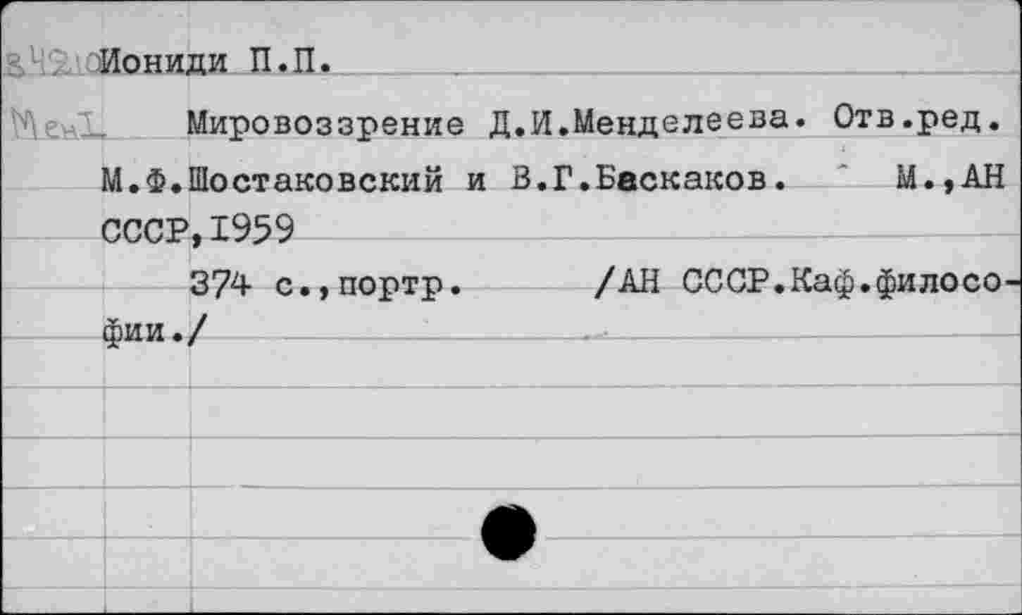 ﻿Иониди П.П. ______
Мировоззрение Д.И.Менделеева. Отв.ред. М.Ф.Шостаковский и В.Г.Баскаков. М.,АН СССР, 1959
374 с.,портр. /АН СССР.Каф.филосо